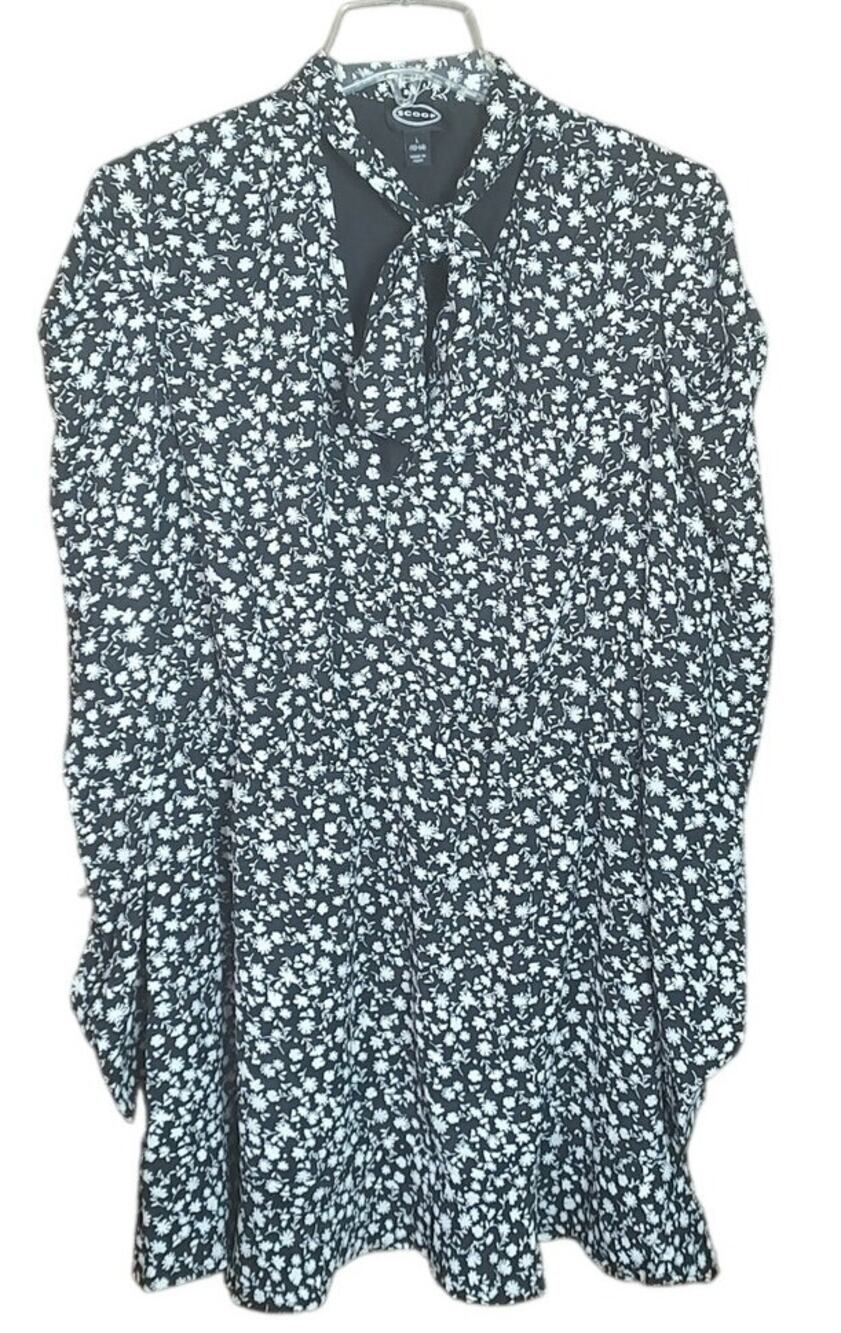 Scoop Women Large Black White Floral Tie Neck Long Sleeve A-line Mini Dress NEW!